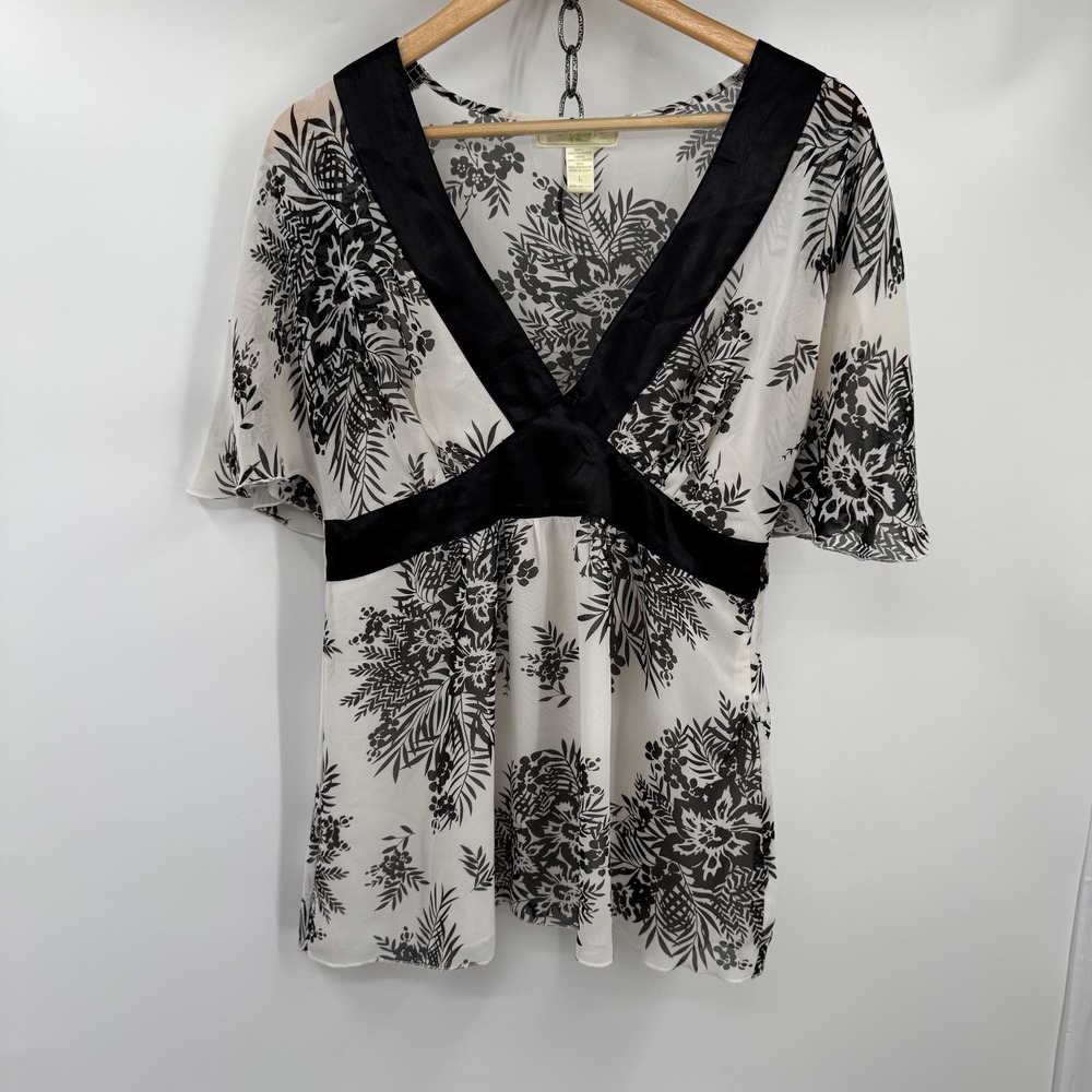 Cloze Womens Y2K Asian Babydoll Kimono Tunic Top Black White Floral Size L Sheer